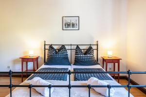 a bedroom with a bed with blue pillows at Ferienwohnung Cherine in Gailingen