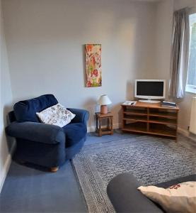 uma sala de estar com uma cadeira azul e uma televisão em Garden Cottage, Five Pines em Acton Turville