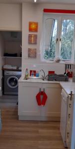uma pequena cozinha com um lavatório e uma janela em Garden Cottage, Five Pines em Acton Turville
