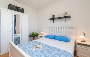 ein Schlafzimmer mit einem großen weißen Bett mit blauen Kissen in der Unterkunft Beautiful Home In Prizna With 2 Bedrooms And Wifi in Prizna