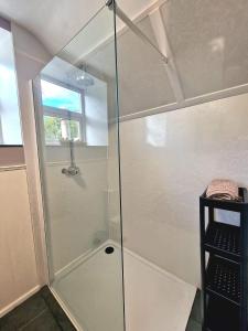 una doccia con porta in vetro in bagno di Beech Tree Cottage 