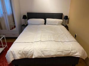 Una cama con sábanas blancas y almohadas en un dormitorio en Apartment „AlpView“,Tirol mit Sauna und Pool, en Vomp