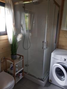 um chuveiro na casa de banho com uma máquina de lavar roupa em Chata Rafusa pod Śnieżnikiem em Stronie Śląskie