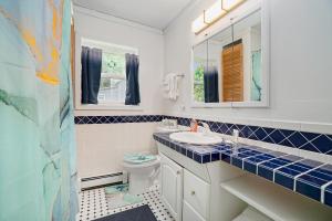un bagno con un water, un lavandino e uno specchio di Carol's Cottage a Empire Altre 17 foto