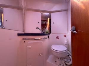AIDA Sailing Boat في سلانيك: حمام صغير مع مرحاض ومغسلة