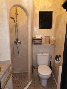 a small bathroom with a toilet and a shower at Riad de charme l'Oasis d'Essaouira - Chambre Luxe in Essaouira