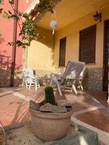 een patio met stoelen, een tafel en een cactus bij Villa Franca in Capoterra