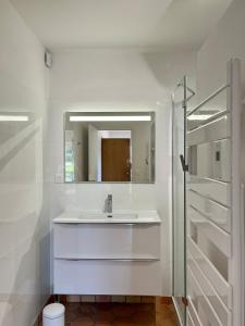 Un baño blanco con lavabo y espejo. en Le Jardin des Dunes, en Saint-Cast-le-Guildo