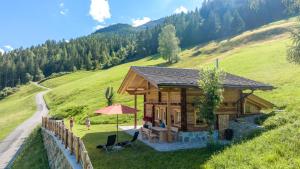 una baita di tronchi in un campo verde con una strada di Ferienhütte Sternenblick a Grosskirchheim