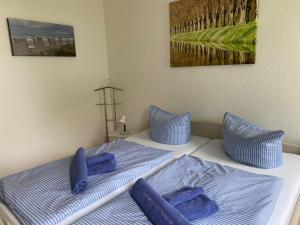 Dos camas en una habitación con almohadas azules. en 2 Zimmer Appartement Ostseeblick, en Boltenhagen