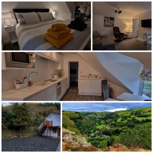 a collage of pictures of a bedroom and a bathroom at Modern and spacious 2 bedroom apartment with free parking in Glyn-Ceiriog