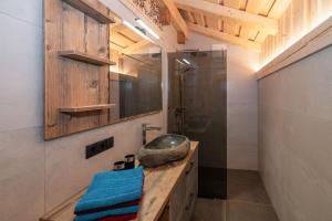 un bagno con lavandino e doccia in vetro di Ferienhütte Sternenblick a Grosskirchheim