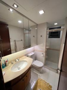 La salle de bains est pourvue de toilettes, d'un lavabo et d'une douche. dans l'établissement River Place, à Singapour