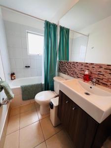 a bathroom with a sink and a toilet and a shower at Apart Mejillones - Dpto 24 in Mejillones