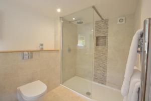ein Bad mit einer Dusche und einem WC in der Unterkunft Carriage House, Bruisyard in Framlingham