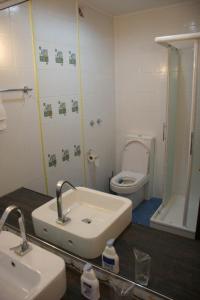 a bathroom with a sink and a toilet at Milkana Hotel in Gabrovo