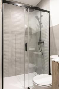 W łazience znajduje się przeszklona kabina prysznicowa oraz toaleta. w obiekcie San Lorenzo Collection Homes - Space Maison Apartments w Sewilli