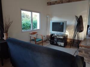 ein Wohnzimmer mit einem blauen Sofa und einem TV in der Unterkunft Rumi Huasi in Agua de Oro