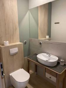 a bathroom with a sink and a toilet and a mirror at Centrum Noclegowe Amfiteatr in Kłodzko