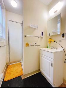 a bathroom with a shower and a sink at Home sweet home in the heart of Wilmington. in Wilmington