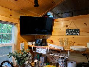 a tv on the wall of a tiny house at Knotty Pines Cabin near Kentucky Lake, TN in Springville