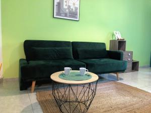 uma sala de estar com um sofá verde e uma mesa em T2 entièrement équipé et refait à neuf à 10mn Alès em La GrandʼCombe