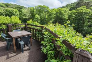 a wooden deck with a table and chairs and a garden at Bantry Cottage at Crackington Haven, near Bude and Boscastle, Cornwall in Bude