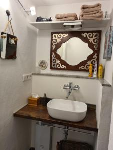 a bathroom with a sink and a mirror on a counter at Stylisches Garden Cottage in Weyhe