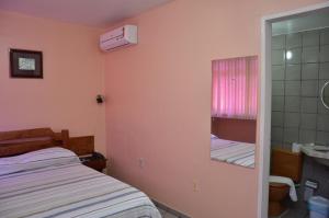 a small bedroom with a bed and a mirror at Hotel Vivo in Garanhuns