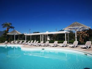 a swimming pool with lounge chairs and umbrellas at Hotel Le Ginestre Family & Wellness in Vieste