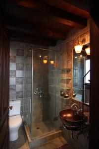 y baño con ducha, aseo y lavamanos. en A luxury mansion near Kerkini lake (Villa Oriana), en Kerkíni