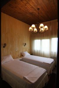 2 camas en una habitación de hotel con lámpara de araña en A luxury mansion near Kerkini lake (Villa Oriana), en Kerkíni
