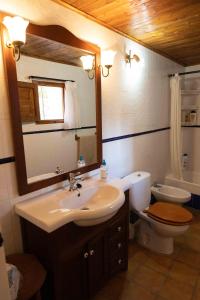 uma casa de banho com um lavatório, um WC e um espelho. em MAS DE BONDIA - Casa Herrero em Alpuente