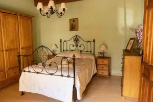 um quarto com uma cama e um lustre em MAS DE BONDIA - Casa Herrero em Alpuente