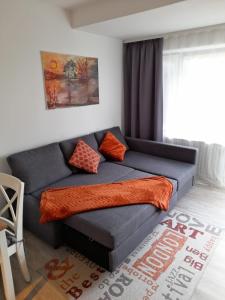 a living room with a couch with an orange blanket at Dahls Ferienwohnung in Sankt Andreasberg