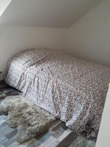 ein Bett mit einer Decke und einem Teppich auf dem Boden in der Unterkunft La Belle Etaploise in Étaples