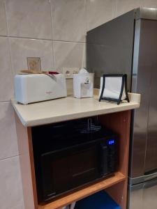 a kitchen counter with a microwave and a refrigerator at Piso luminoso, amplio y tranquilo en Casco Viejo in Bilbao