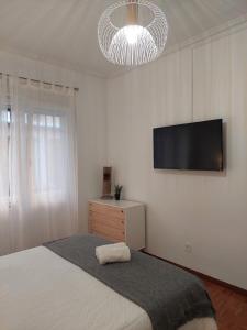 a bedroom with a bed and a flat screen tv at Piso luminoso, amplio y tranquilo en Casco Viejo in Bilbao