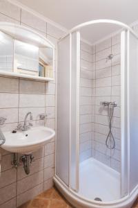 a bathroom with a shower and a sink at Nature escape woodhouse in Žirovnica