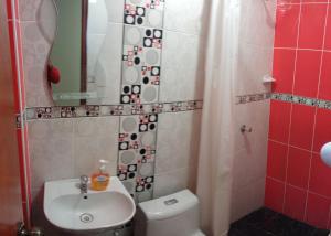 a bathroom with a toilet and a sink and a mirror at LUANA’S HOUSE in Ica +21 photos