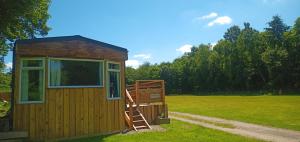 une petite maison avec une échelle à côté d'un champ dans l'établissement Postwood Gardens Balmoral Country Cabin, à Kentisbeare