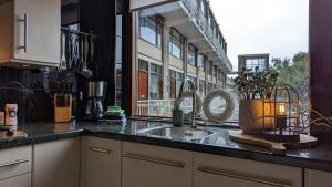 a kitchen counter with a sink and a window at CRASH'NSTAY - Maison du Ville in Rotterdam