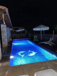 una piscina con delfines pintados por la noche en V.I.P Villa, en Stroumbi