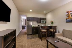 a living room with a couch and a kitchen with a bar at Stay-Over Suites - Fort Gregg-Adams Area in Hopewell