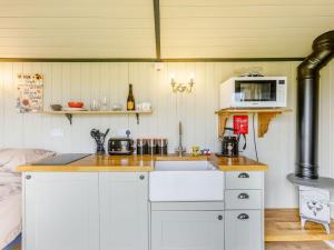 eine Küche mit einer Spüle und einer Mikrowelle in der Unterkunft Daisys Rest in Shipton under Wychwood