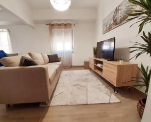 Una sala de estar con un sofá y un televisor de pantalla plana. en Aconchego Alojamento Local, en Nazaré