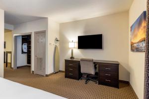 Habitación de hotel con escritorio y TV en Stay-Over Suites - Fort Gregg-Adams Area en Hopewell