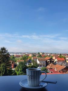 a cup of coffee sitting on a plate on a balcony at XENA apartment Gradiška in Bosanska Gradiška +17 photos