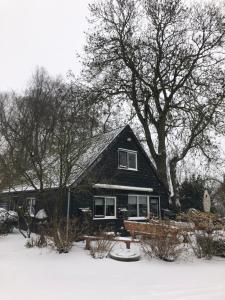 una casa negra con árboles y nieve en el suelo en Gieters Geluk, en Giethoorn