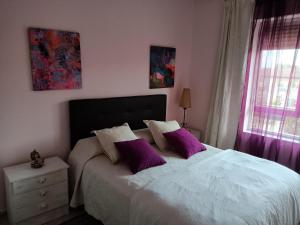 sypialnia z białym łóżkiem z fioletowymi poduszkami w obiekcie CASA ABUELA w mieście Palacios de la Valduerna